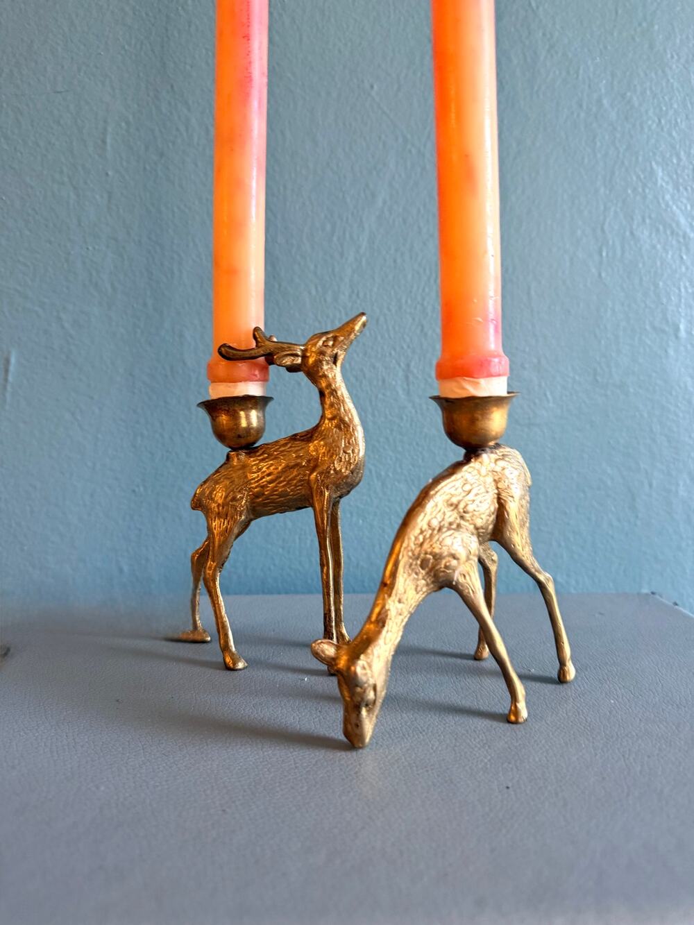 Vintage Mid Century Brass Deer Candle Holders Set Buck & Doe Taper Candlesticks